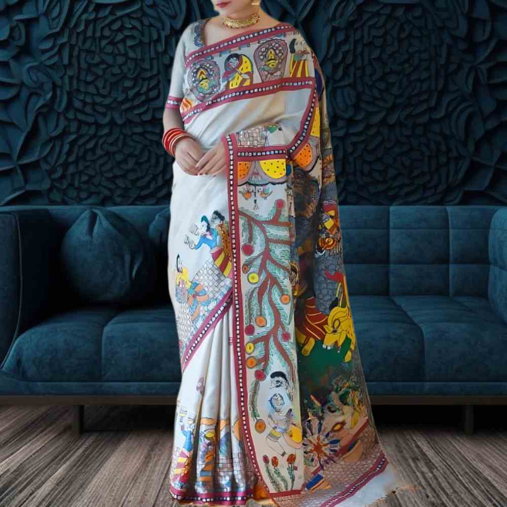 Tussar Saree with Madhubani Bride, Doli, and Kaahar Painting